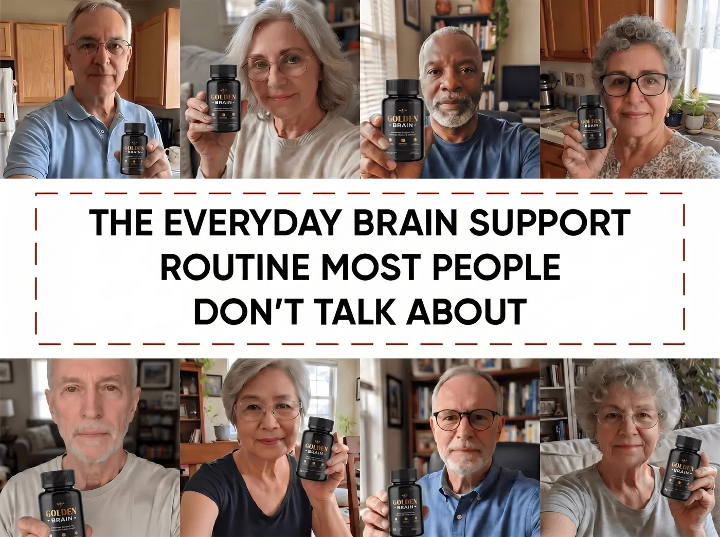 A collage of eight GoldenBrain customers holding their bottles at home