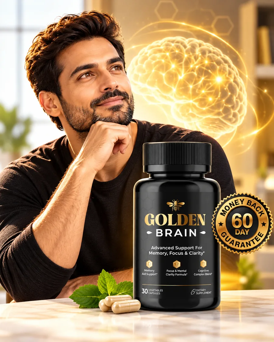 A man smiling beside a bottle of GoldenBrain capsules, with a glowing brain illustration behind him